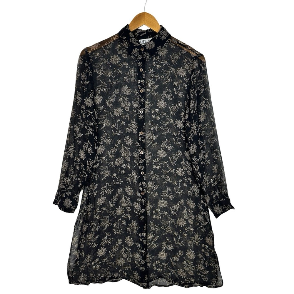 Robbie Bee 100% Silk Sheer Floral Button Front Tunic Blouse Black Beige Women 10